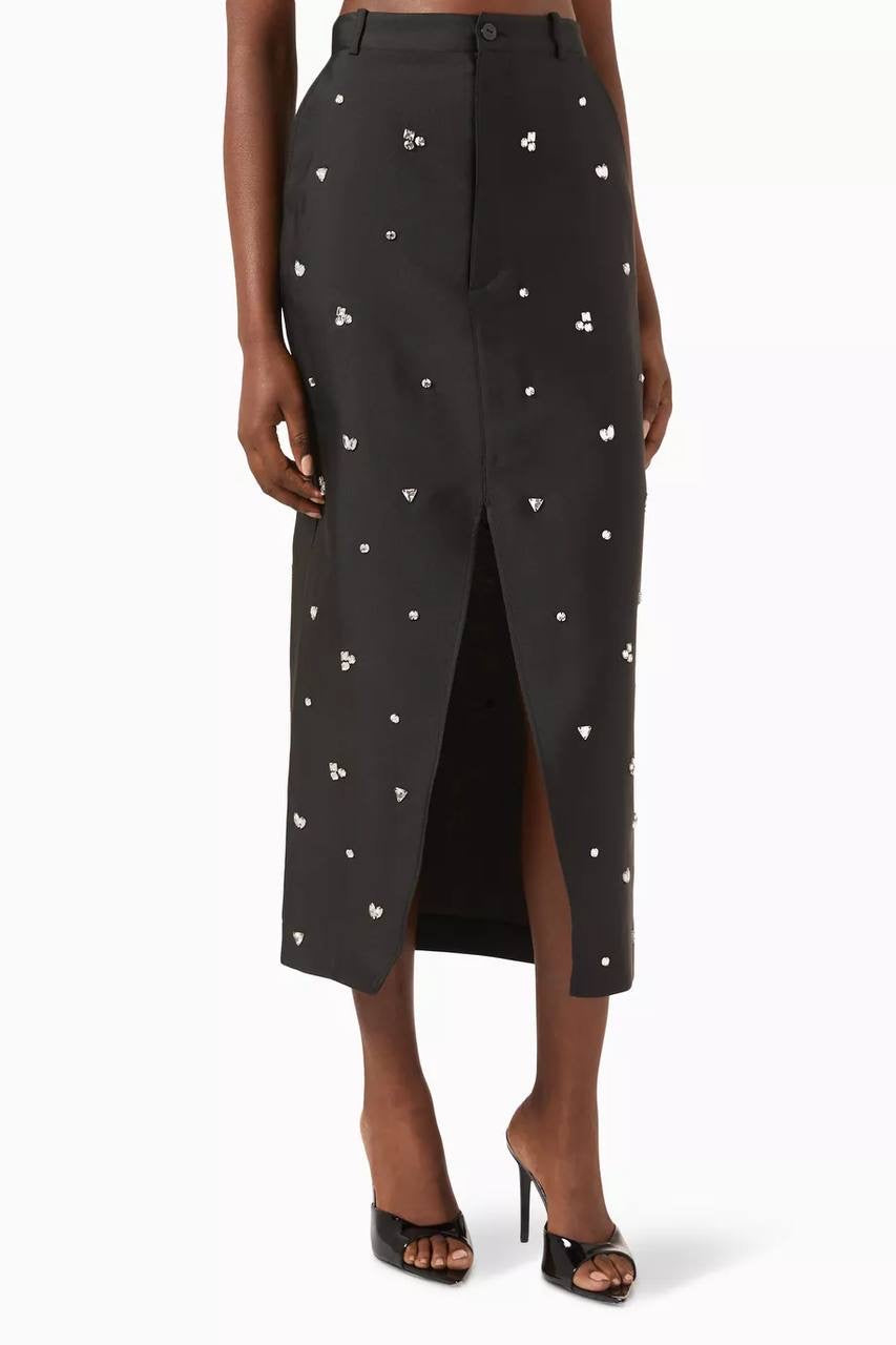 SD Interstellar Rhinestone Pencil Midi Skirt in Black