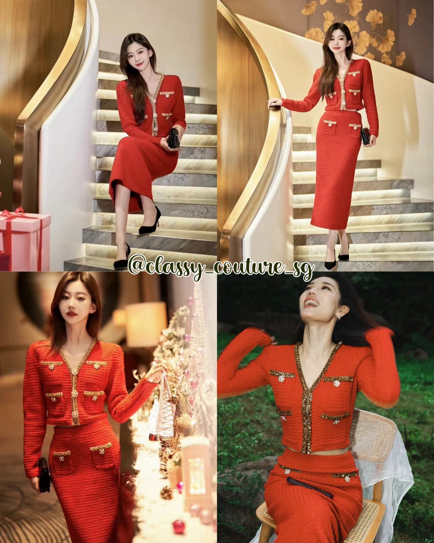 SP Red Knit V Neck Cardigan | Midi Skirt | Set