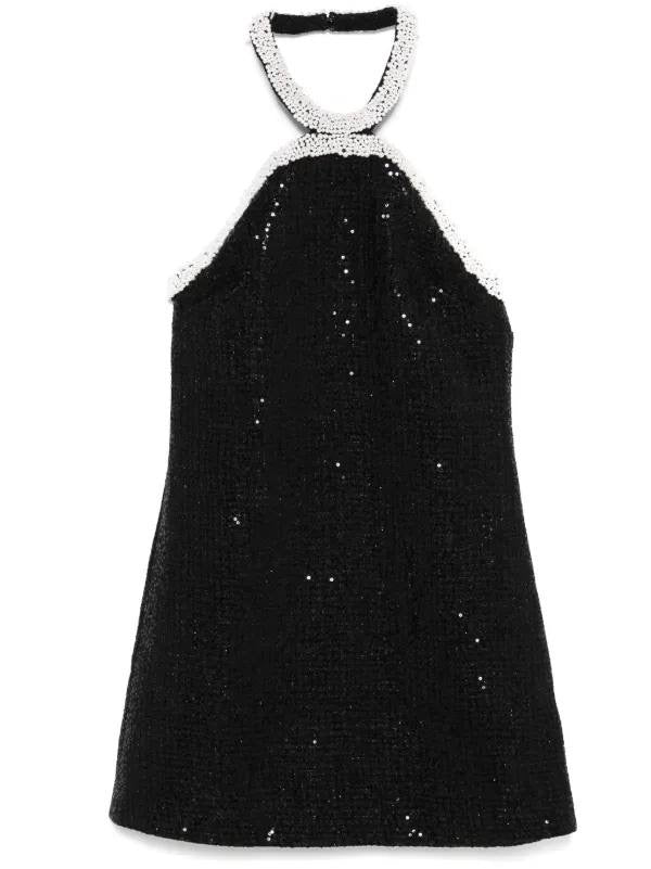 SP Black Metallic Pearl Trim Halter Boucle Mini Dress