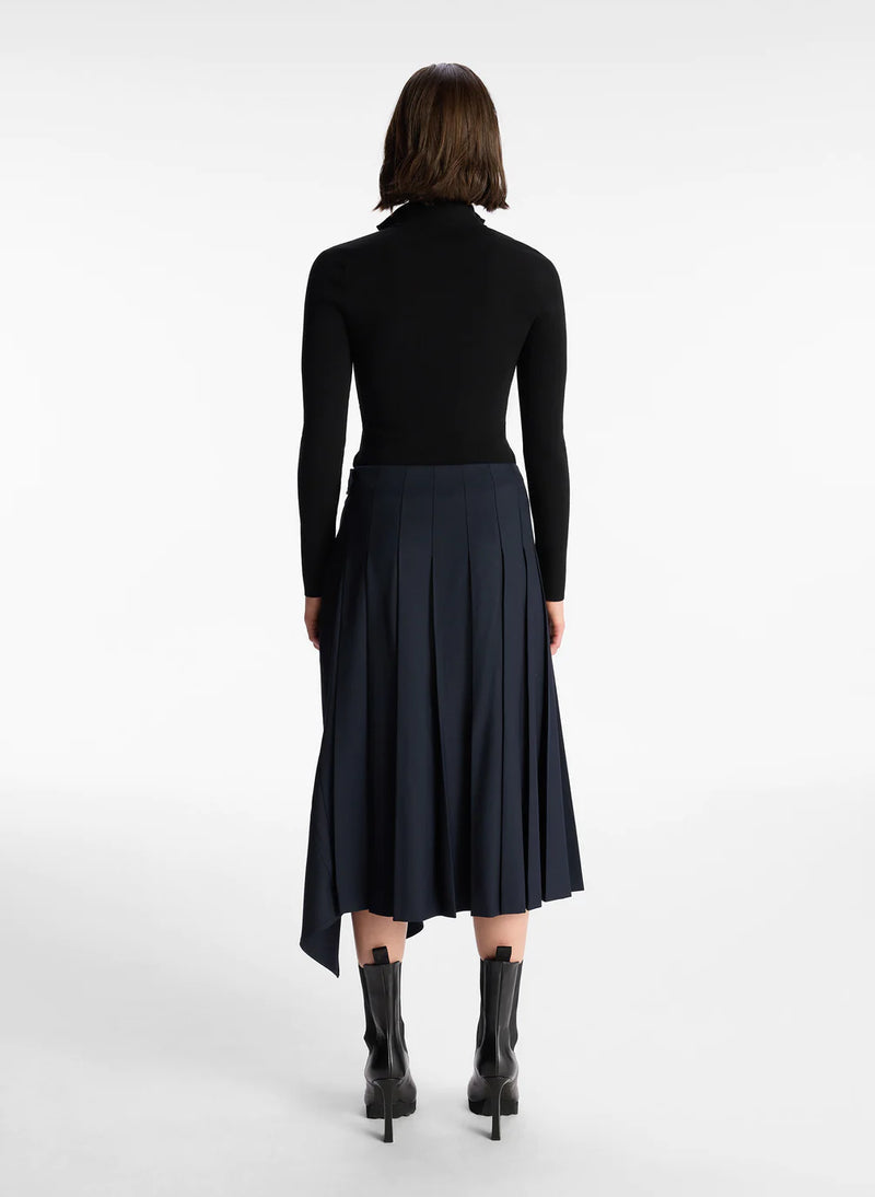 ALC Wayland Belted Wool-Blend Pleated Handkerchief Midi Skirt in Navy Blue