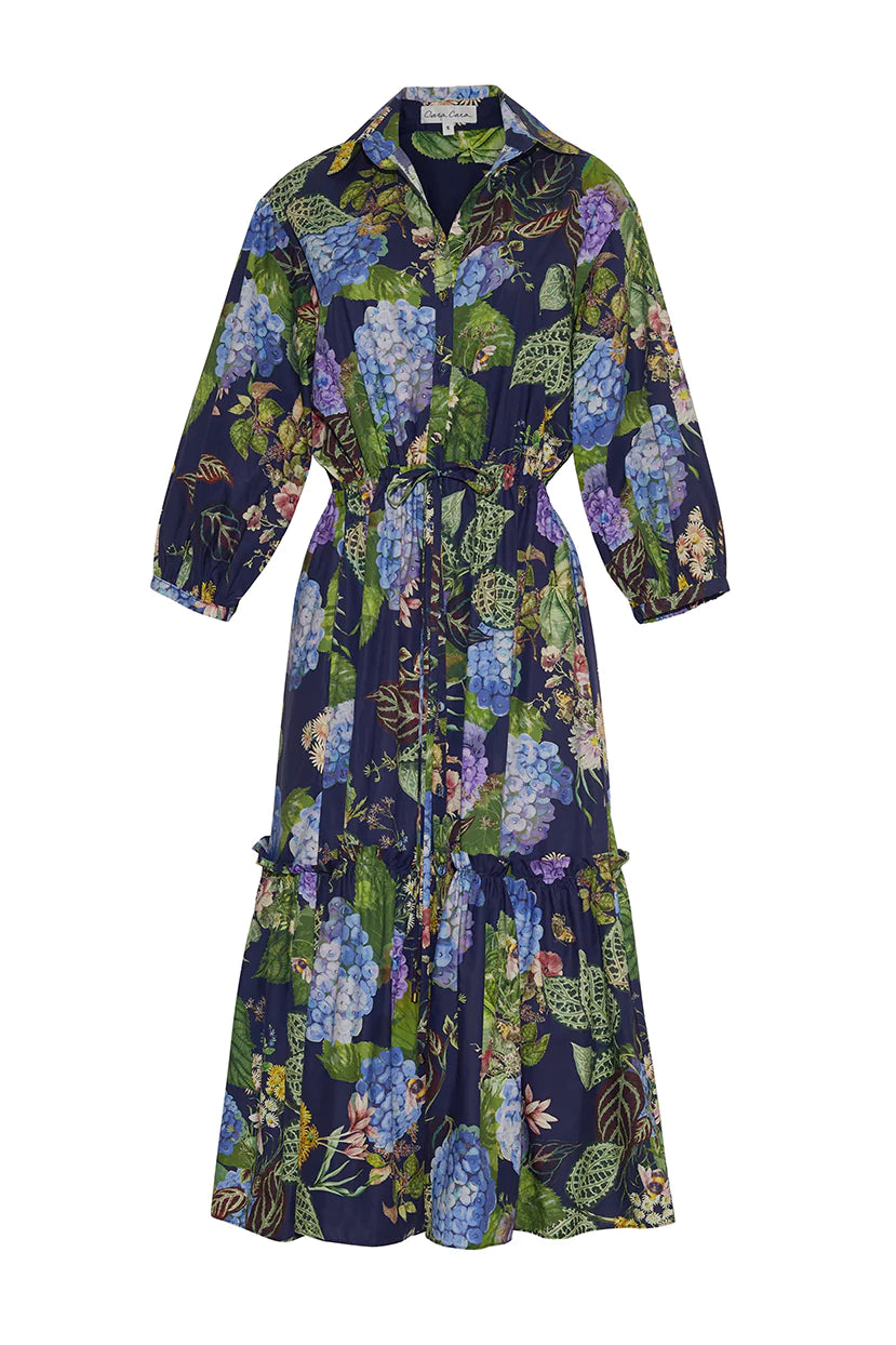 CC Hutton Midi Dress in Avery Floral Evening Blue Cotton Poplin