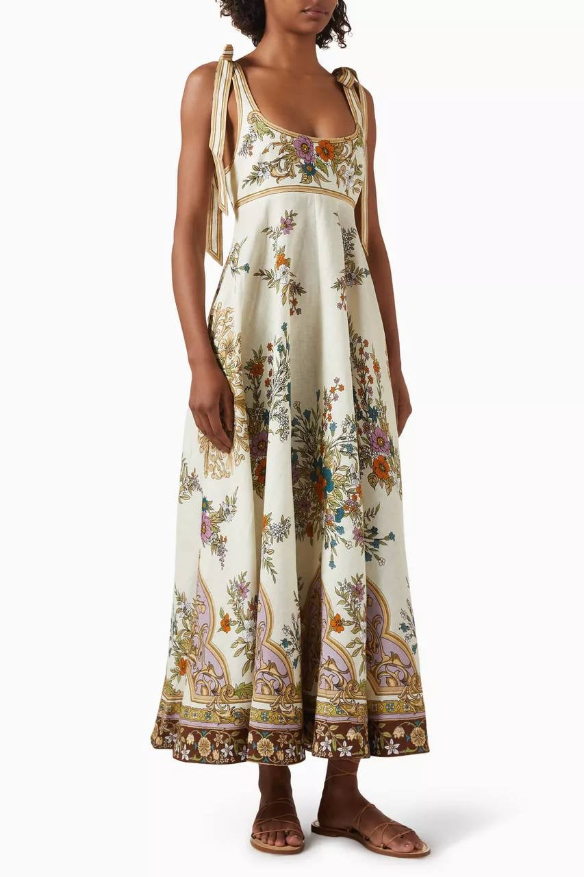 ALM Antoinette Linen Ballet Tie Shoulder Maxi Dress Sundress