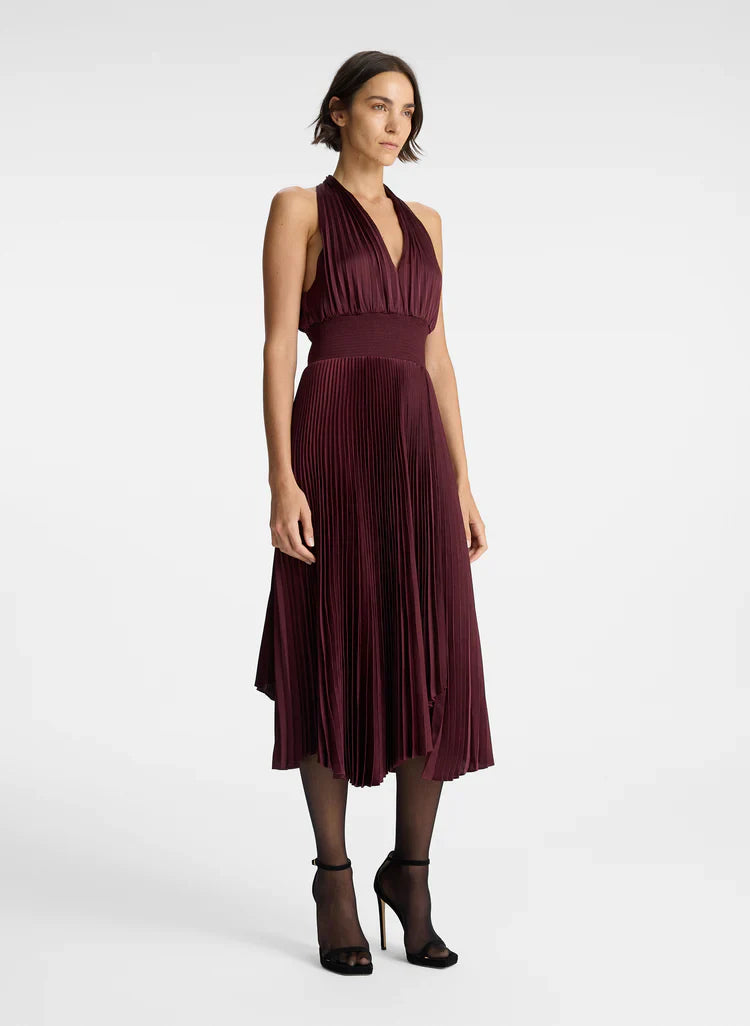 ALC Rose Satin Pleated Midi Dress in Chicory | Riviera