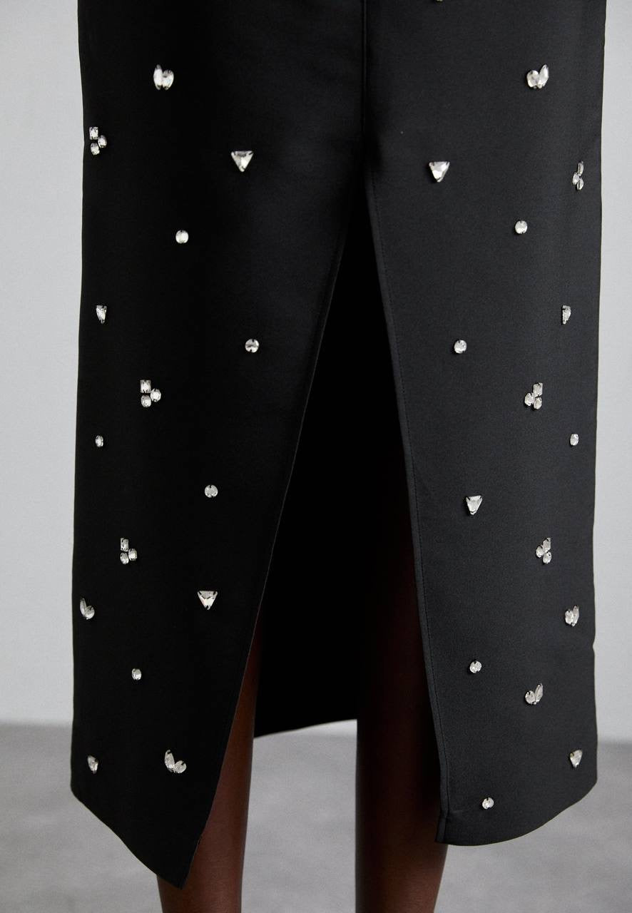 SD Interstellar Rhinestone Pencil Midi Skirt in Black