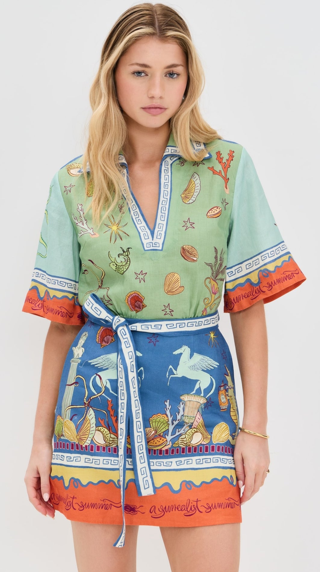 ALM Surrealist Summer V-neck Linen Mini Dress