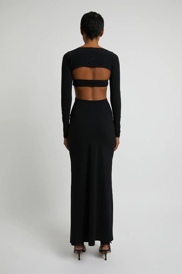 CE Odessa Ruched Prong Long Sleeve Cutout Jersey Maxi Dress