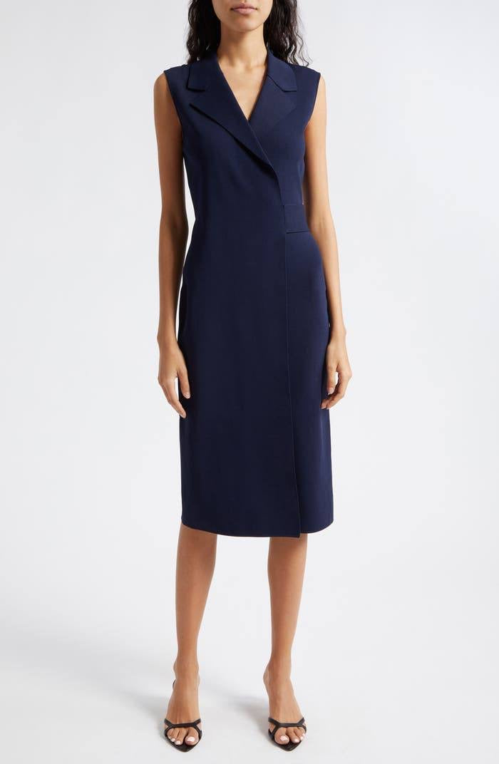 RS Elle Knitted Wrap-Front Midi Dress Sleeveless in Navy Blue