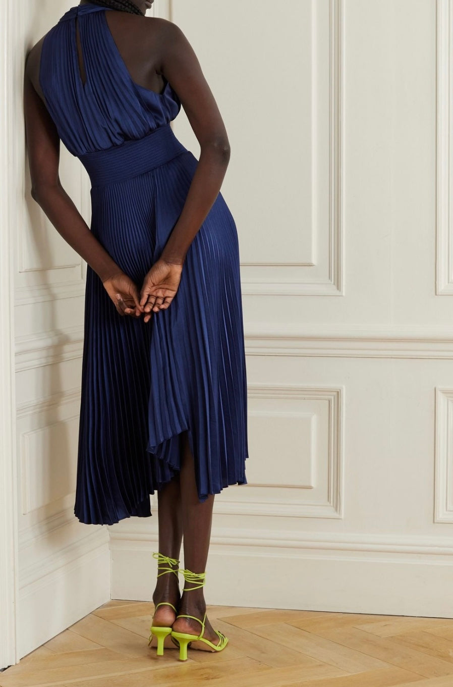 ALC Rose Satin Pleated Midi Dress in Chicory | Riviera