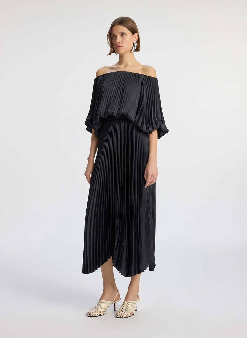ALC Sienna Satin Pleated Off-Shoulder Midi Dress
