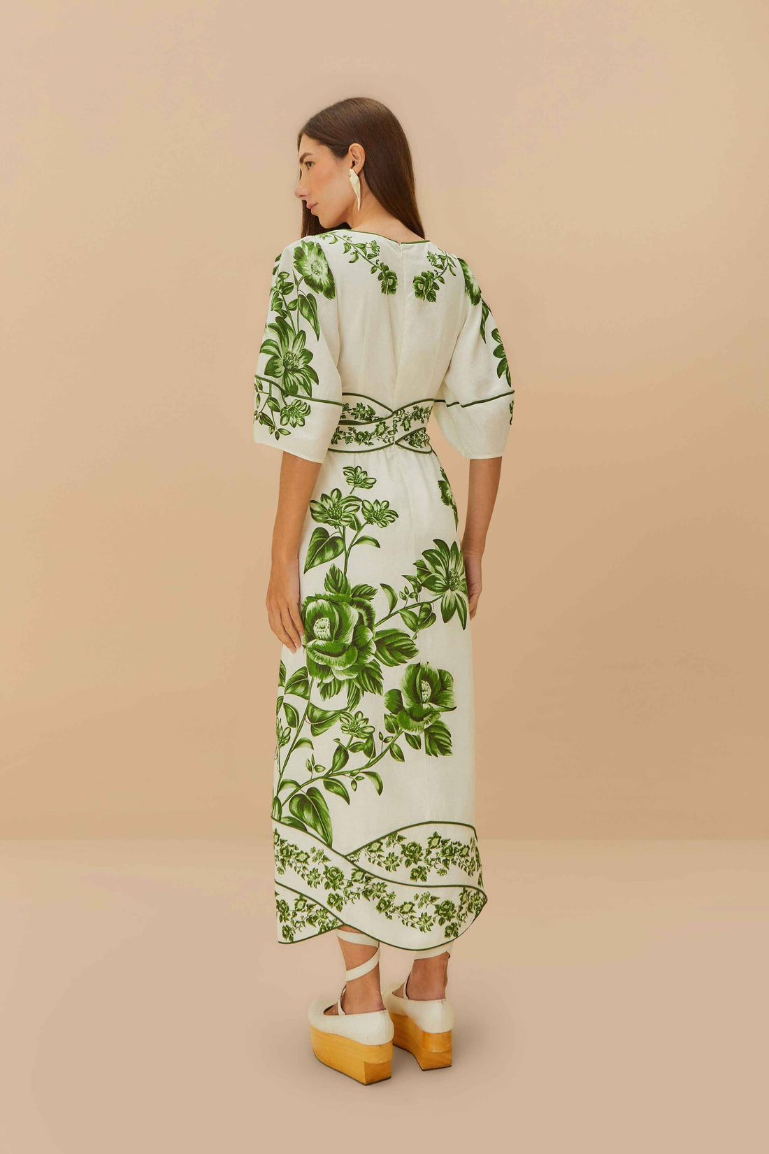 FR Green Floral Cascade Blue Yard Linen-Viscose Midi Dress