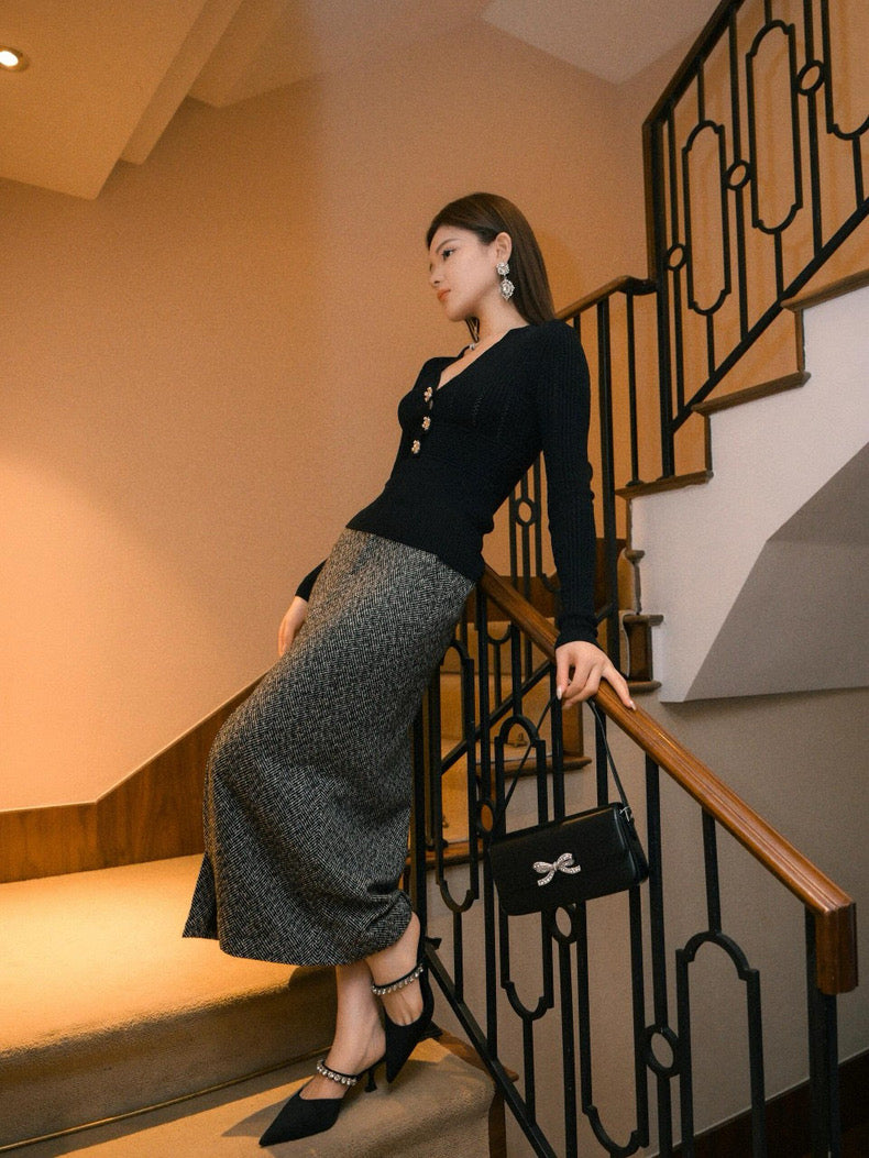 SP Black Herringbone Midi Skirt