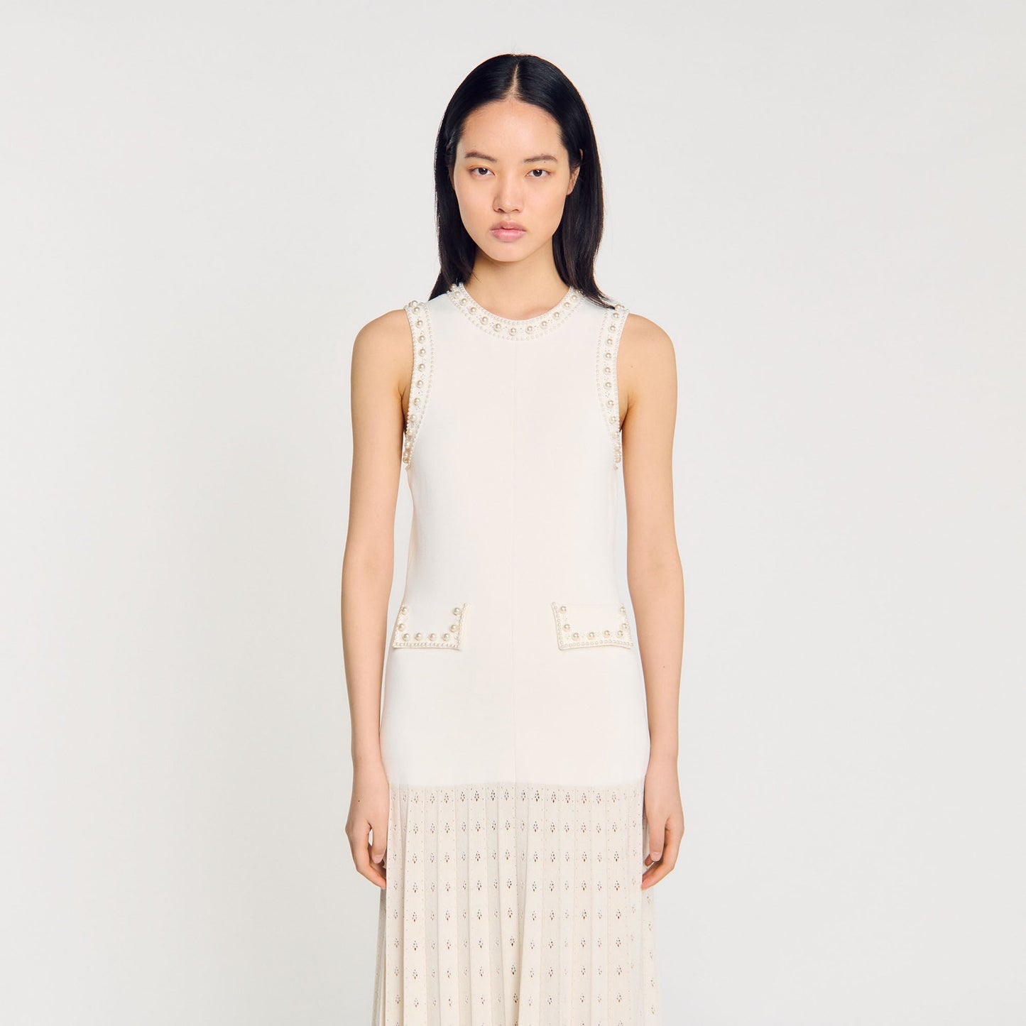 SD Pearl Bead Knit Maxi Dress | Cropped Cardigan with Pearl Buttons | Set