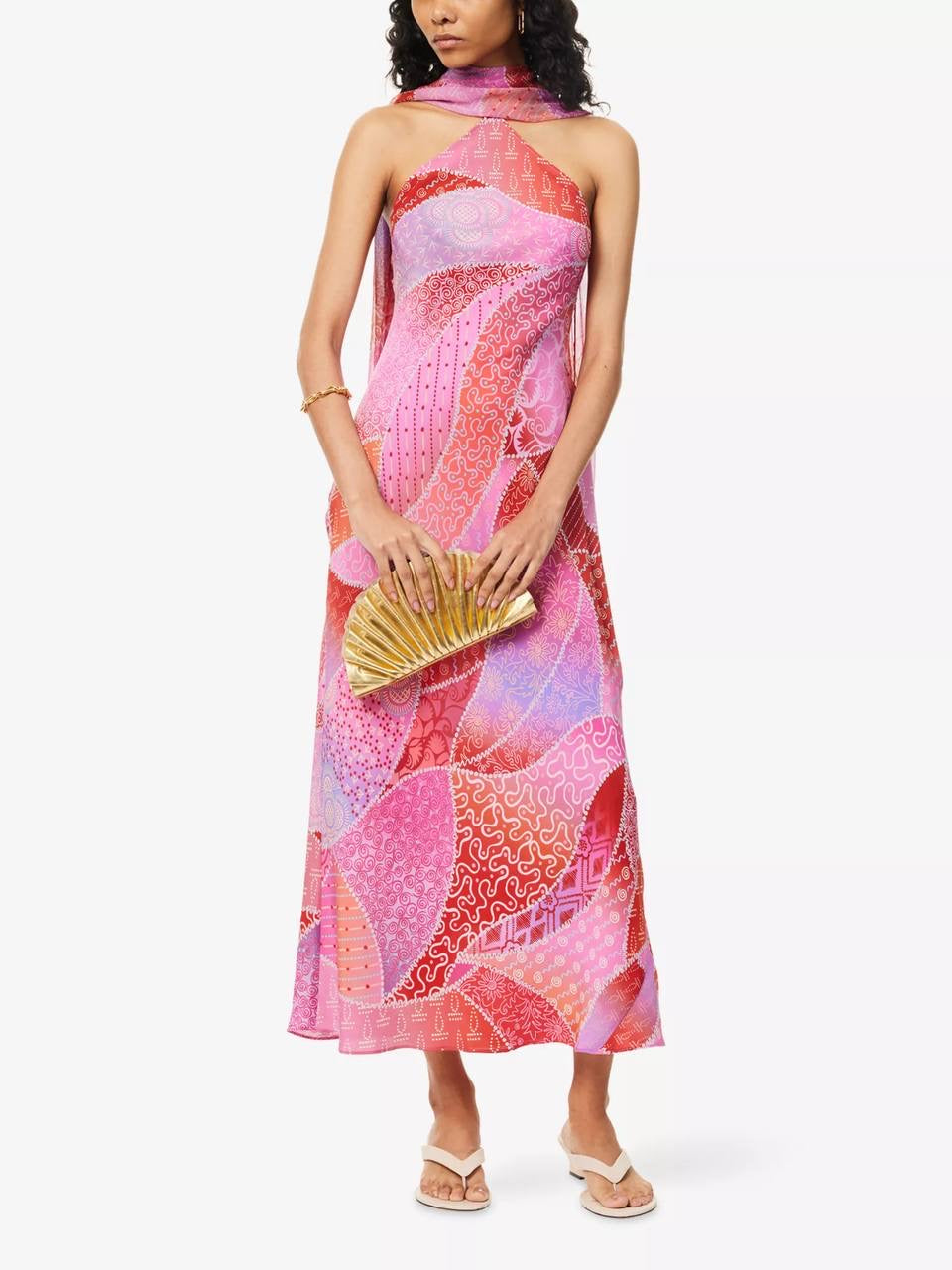 RX Hayley Detachable-Scarf Silk Midi Dress