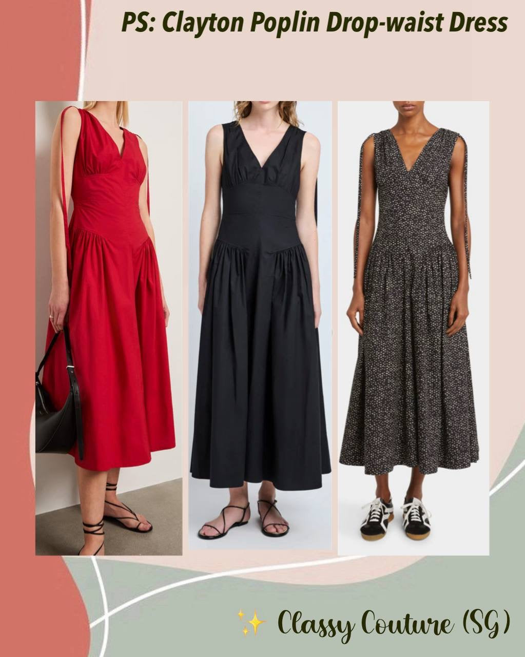 PS Clayton Cotton Poplin V Neck Drop Waist Midi Dress