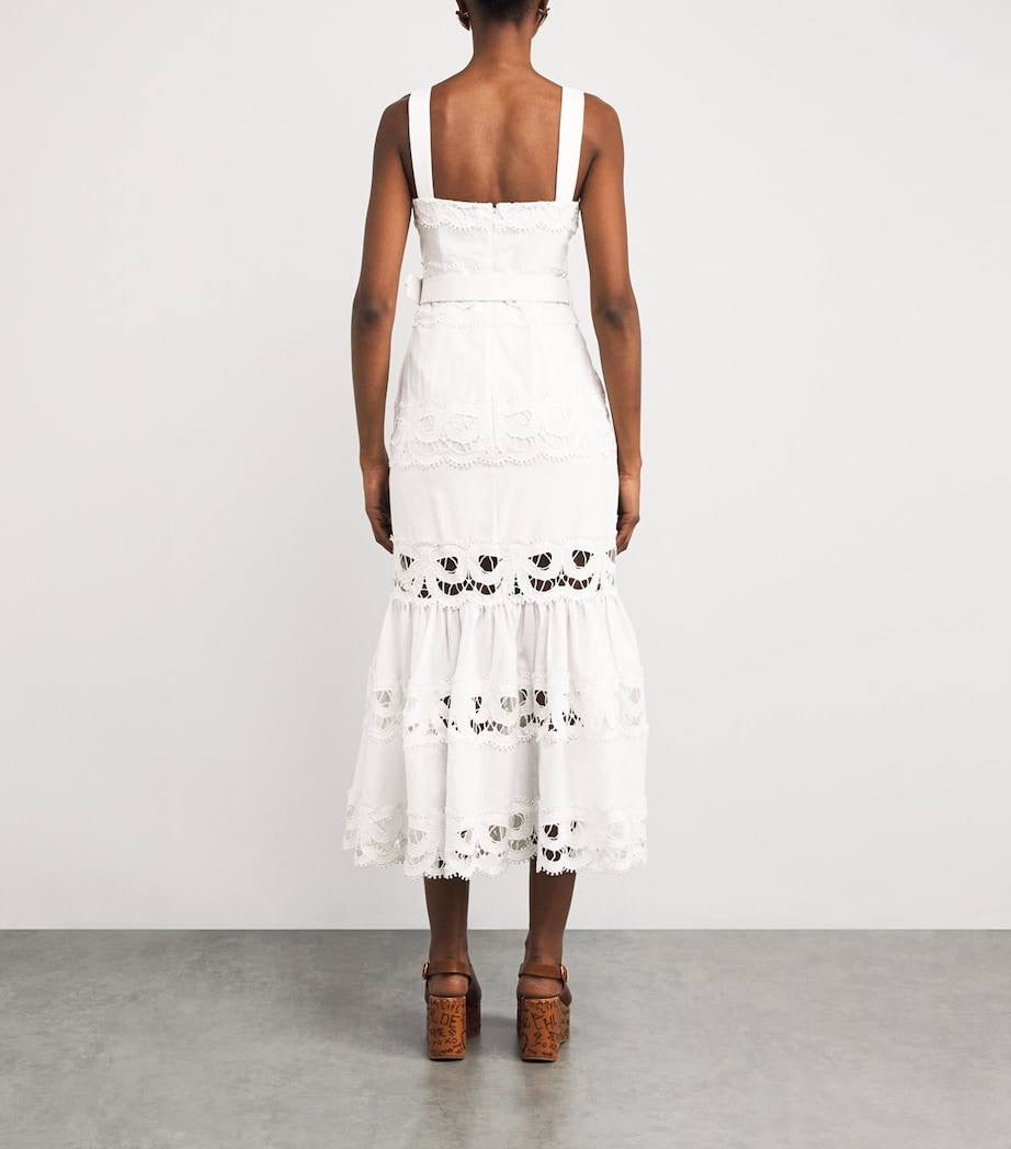 SP White Linen Lace Insert Belted Midi Dress