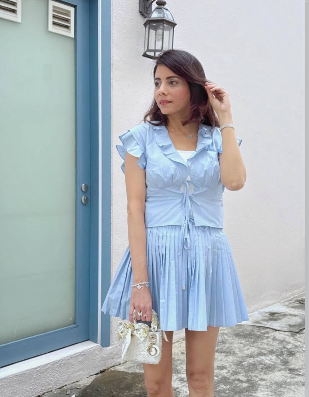 SD Azur Rhinestone Embellished Ruffle Crop Top | Stellie Pleated Mini Skirt | Cotton-blend Set