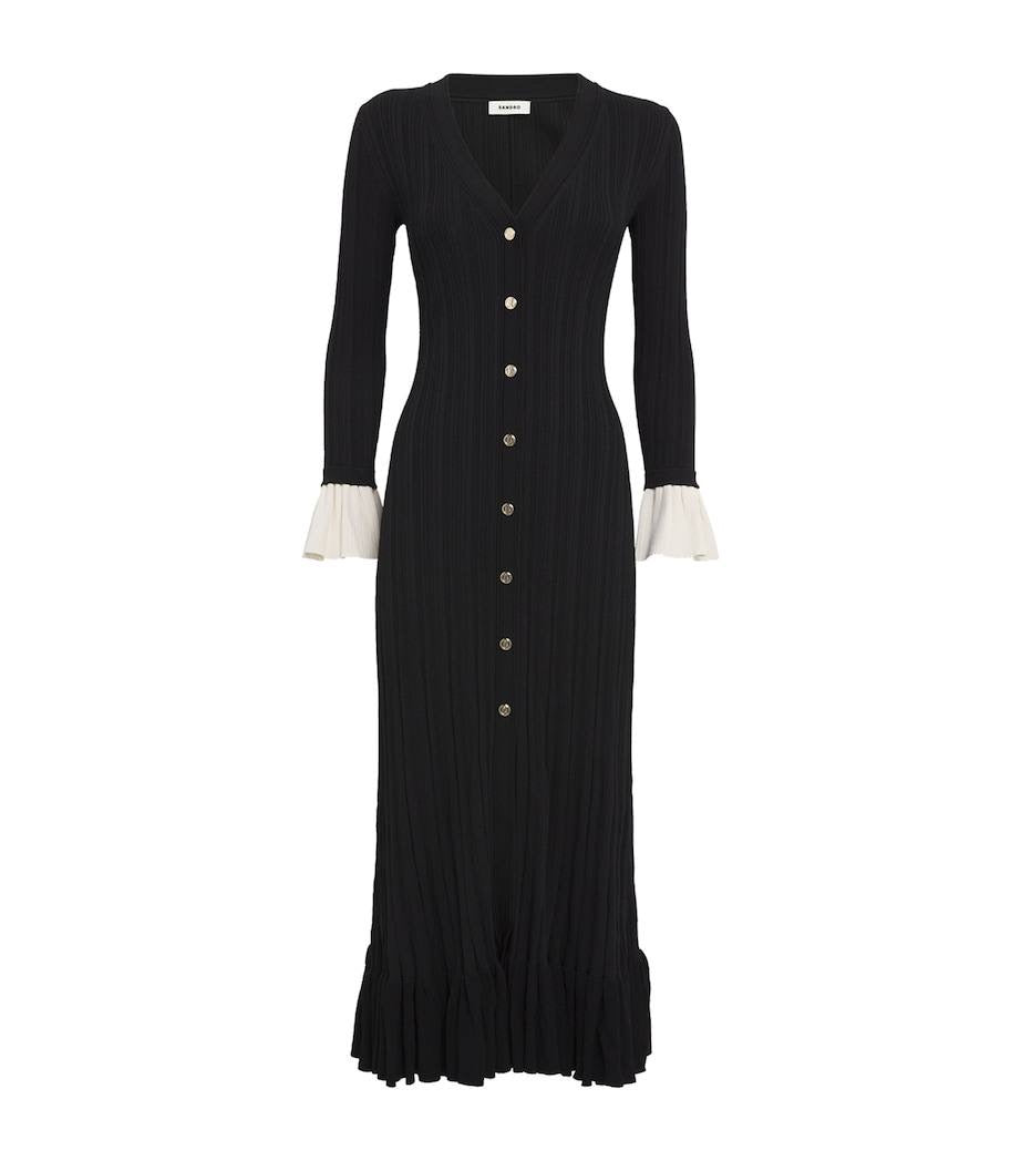 SD Knitted V Neck Contrast Sleeve Midi Dress in Navy blue & Black