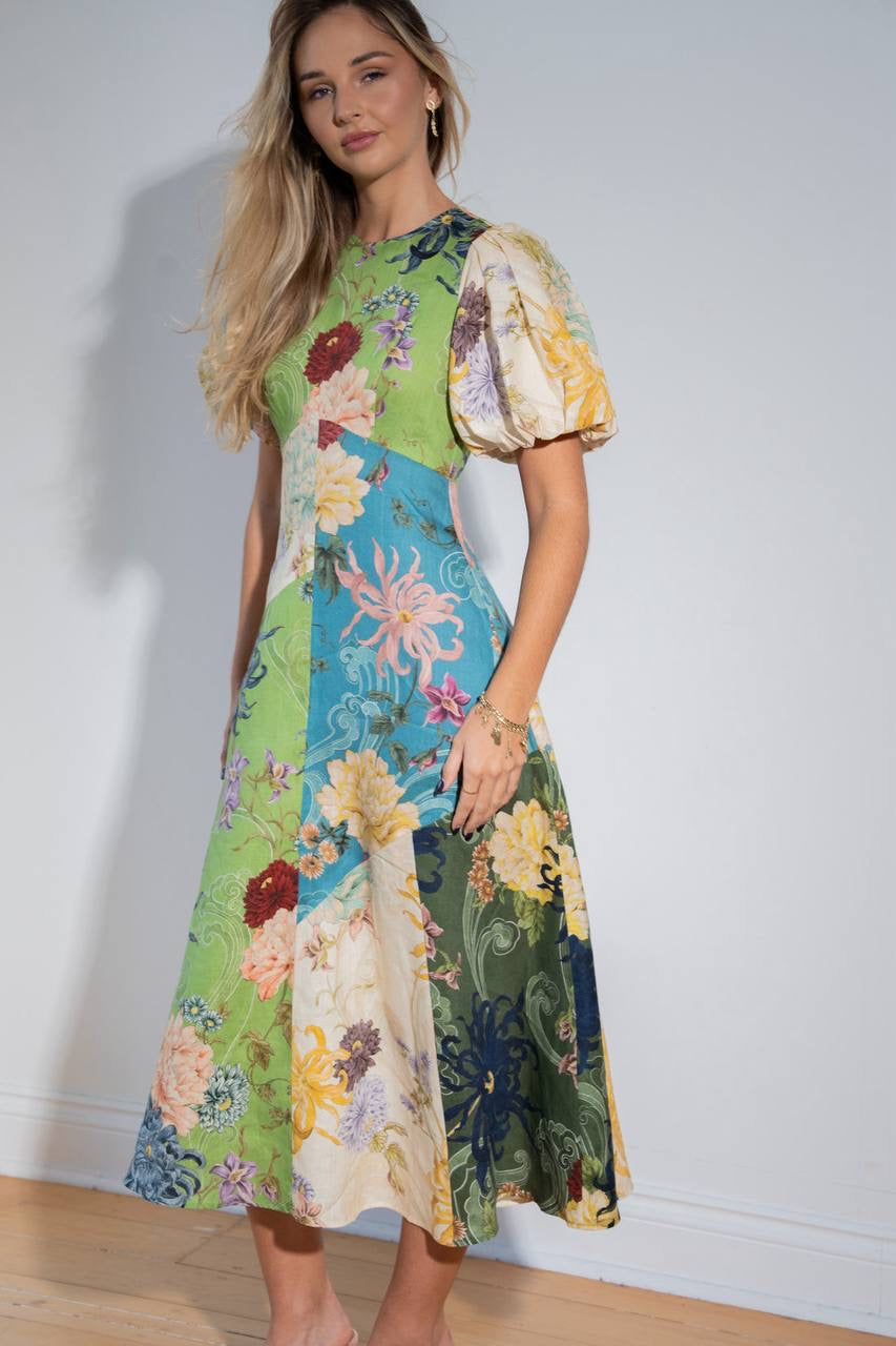 ALM Avery Puff Sleeve Linen Spliced Midi Dress