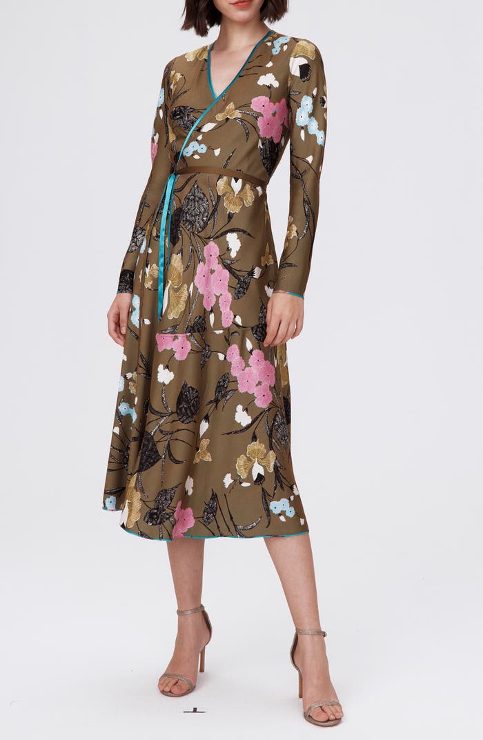 DVF Anika Reversible Viscose Midi Dress in Festival Floral Teal and Olive