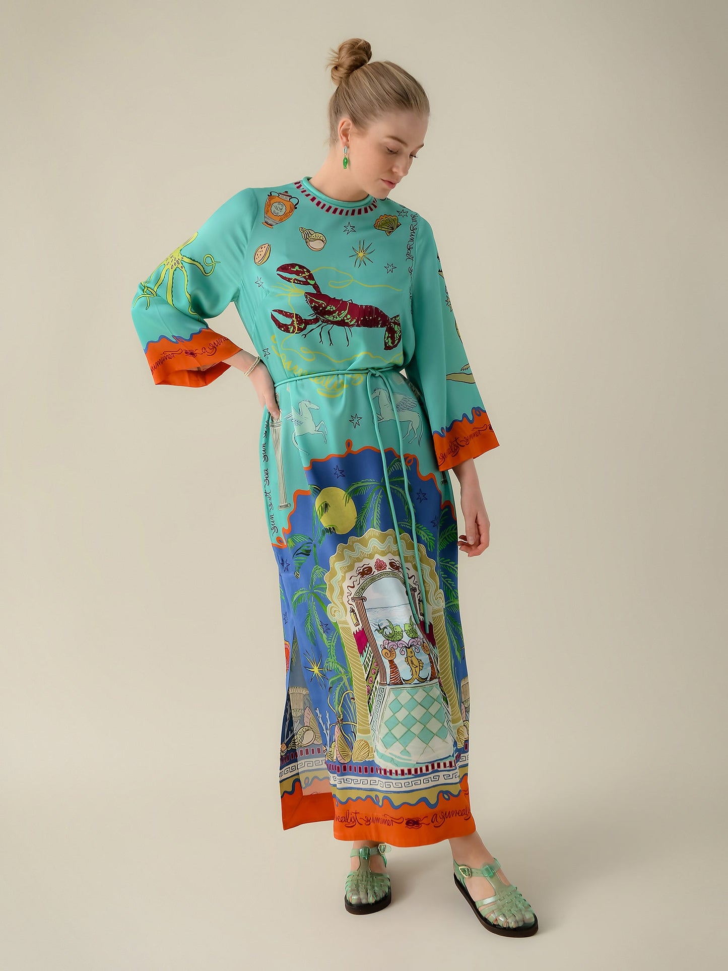 ALM Surrealist Summer Silk Satin Midi Maxi Dress