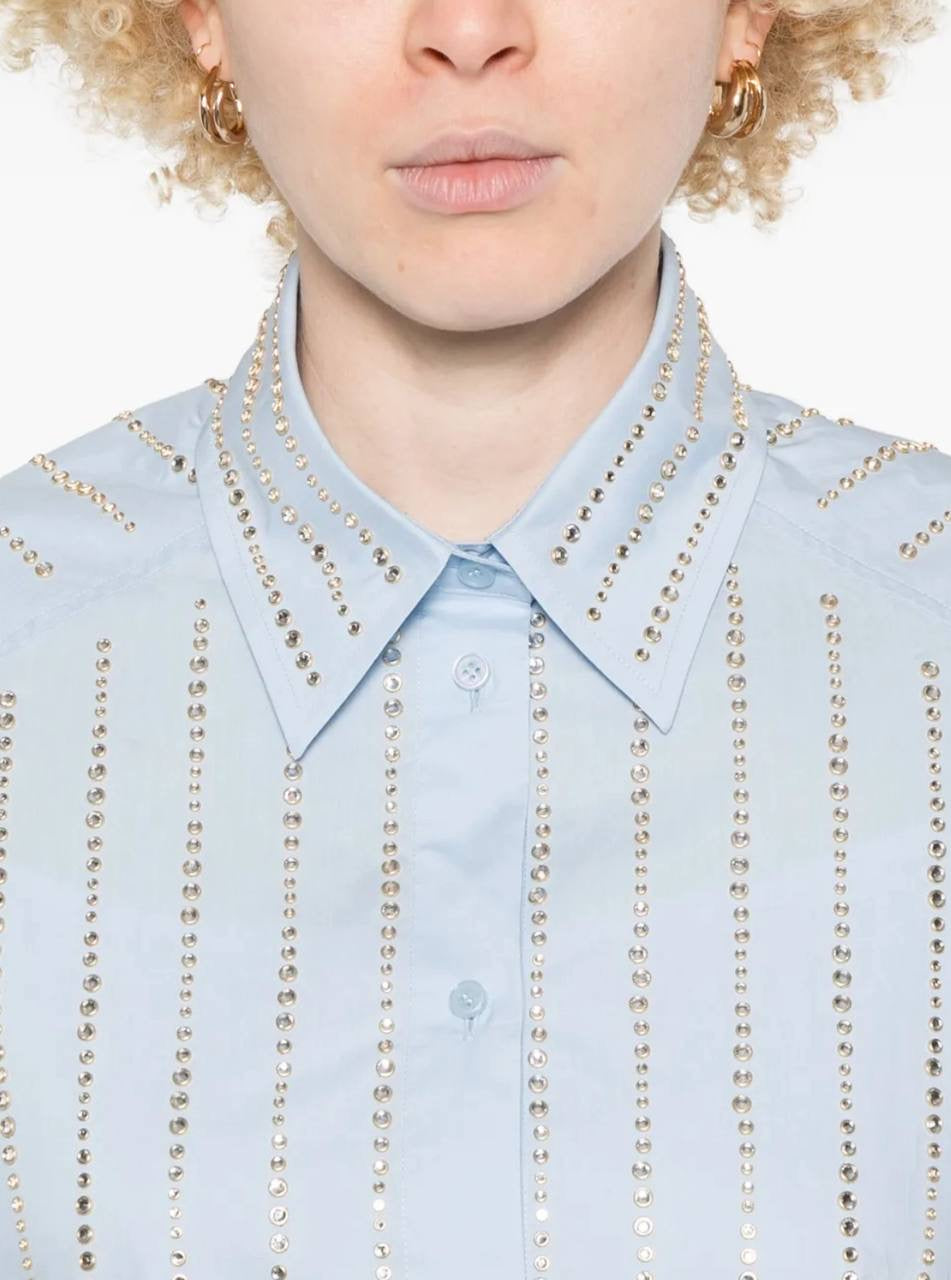 SD Celena Cotton Striped Embellished Cropped Button Down Shirt