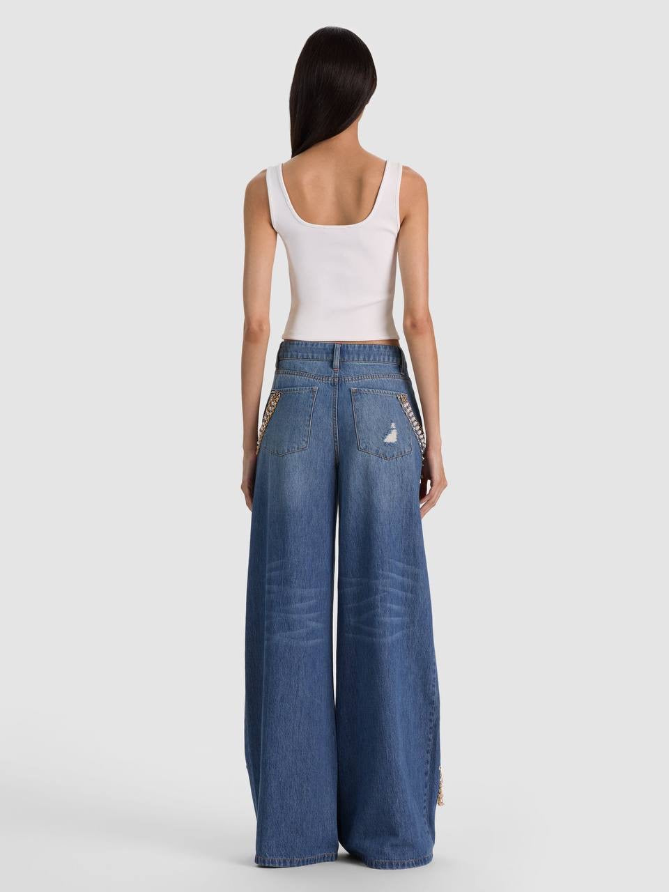 Harper Gold-tone Chain & Pearl-Embellished Ripped Mid-Rise Wide-leg Jeans
