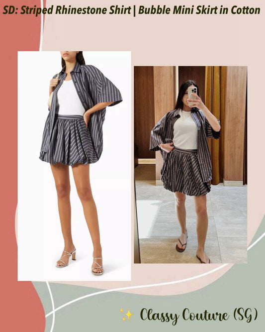 SD Midnight Striped Rhinestone Cotton Shirt | Middy Bubble Mini Skirt | Set