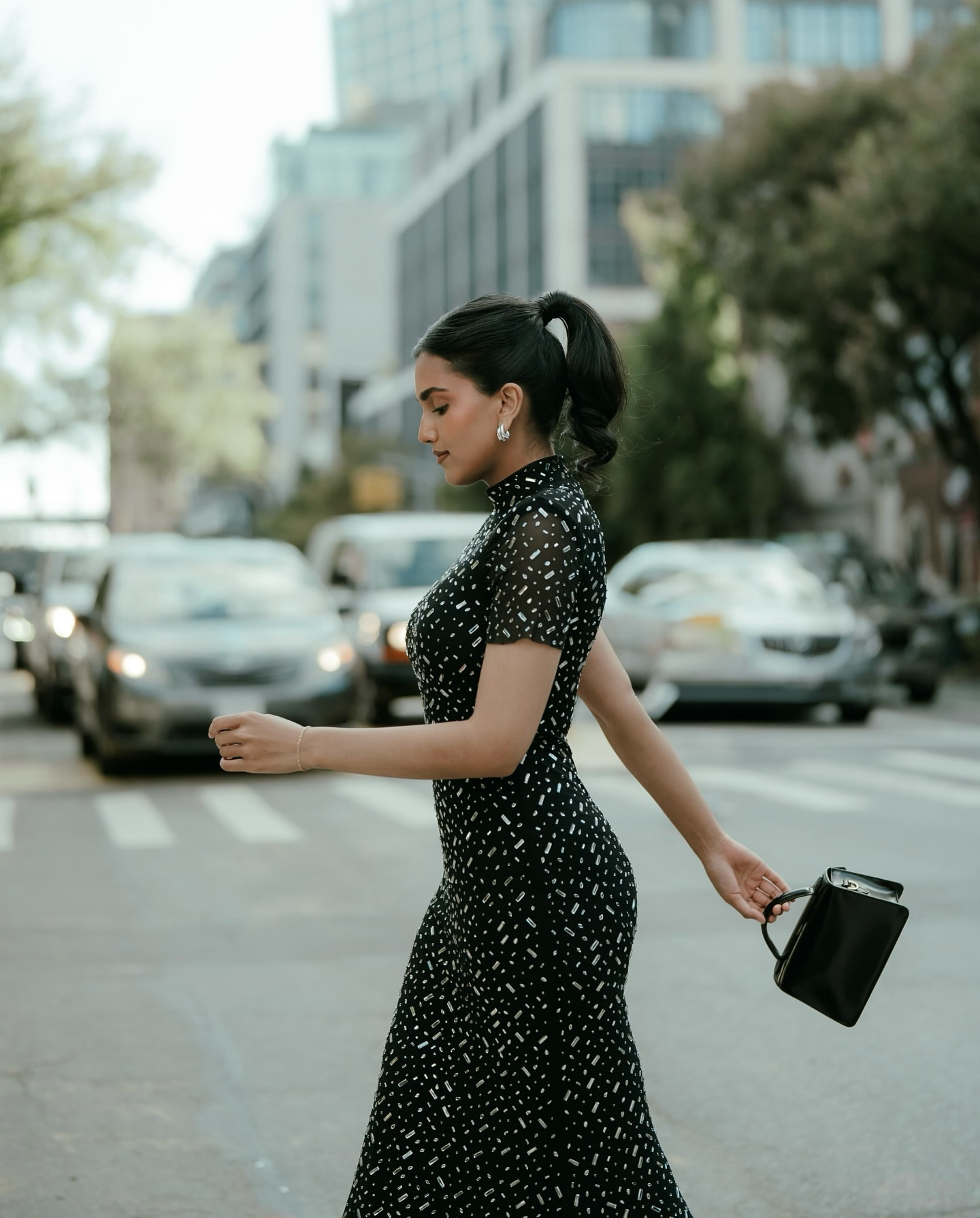 SP Black Square Rhinestone Mesh Maxi Dress