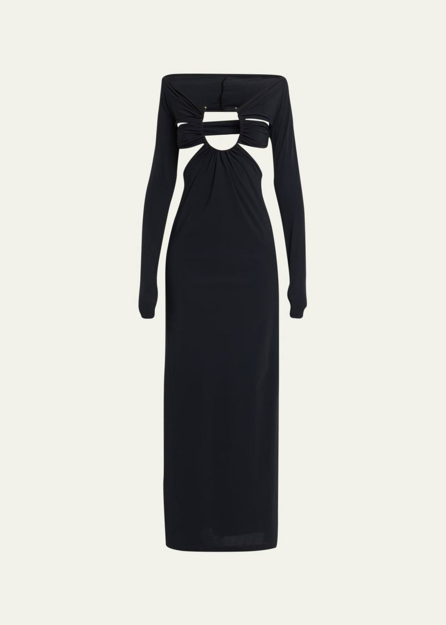 CE Odessa Ruched Prong Long Sleeve Cutout Jersey Maxi Dress