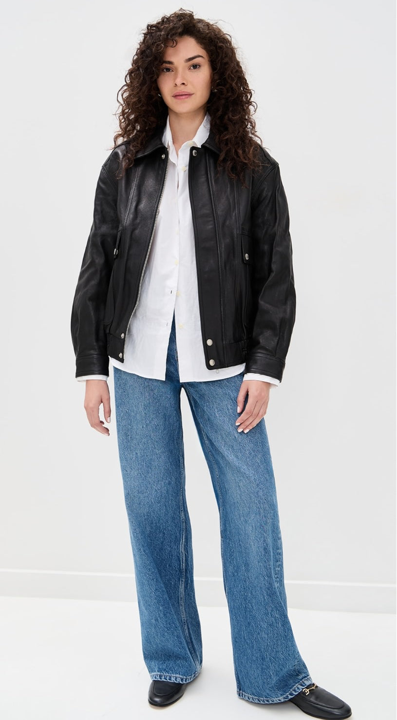 DST Unisex Oversized Vintage Leather Blouson Jisoo Jacket in Black Lambskin