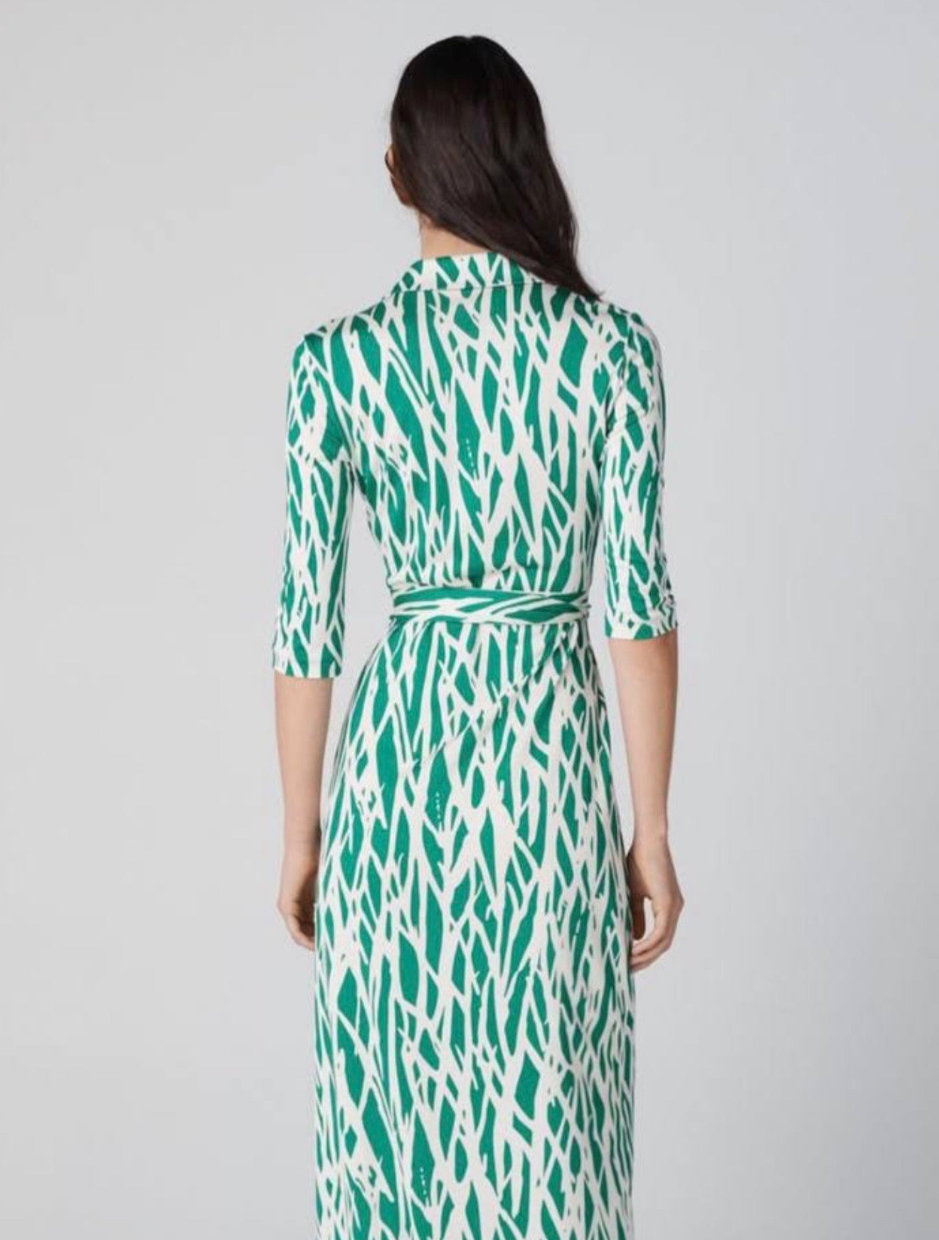 DVF Twig Green Silk Jersey Wrap Midi Dress