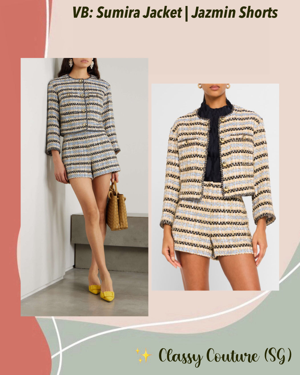 VB Sumira Cotton Blend Jacket | Jazmin Shorts | Blue/Ivory Metallic Tweed Set