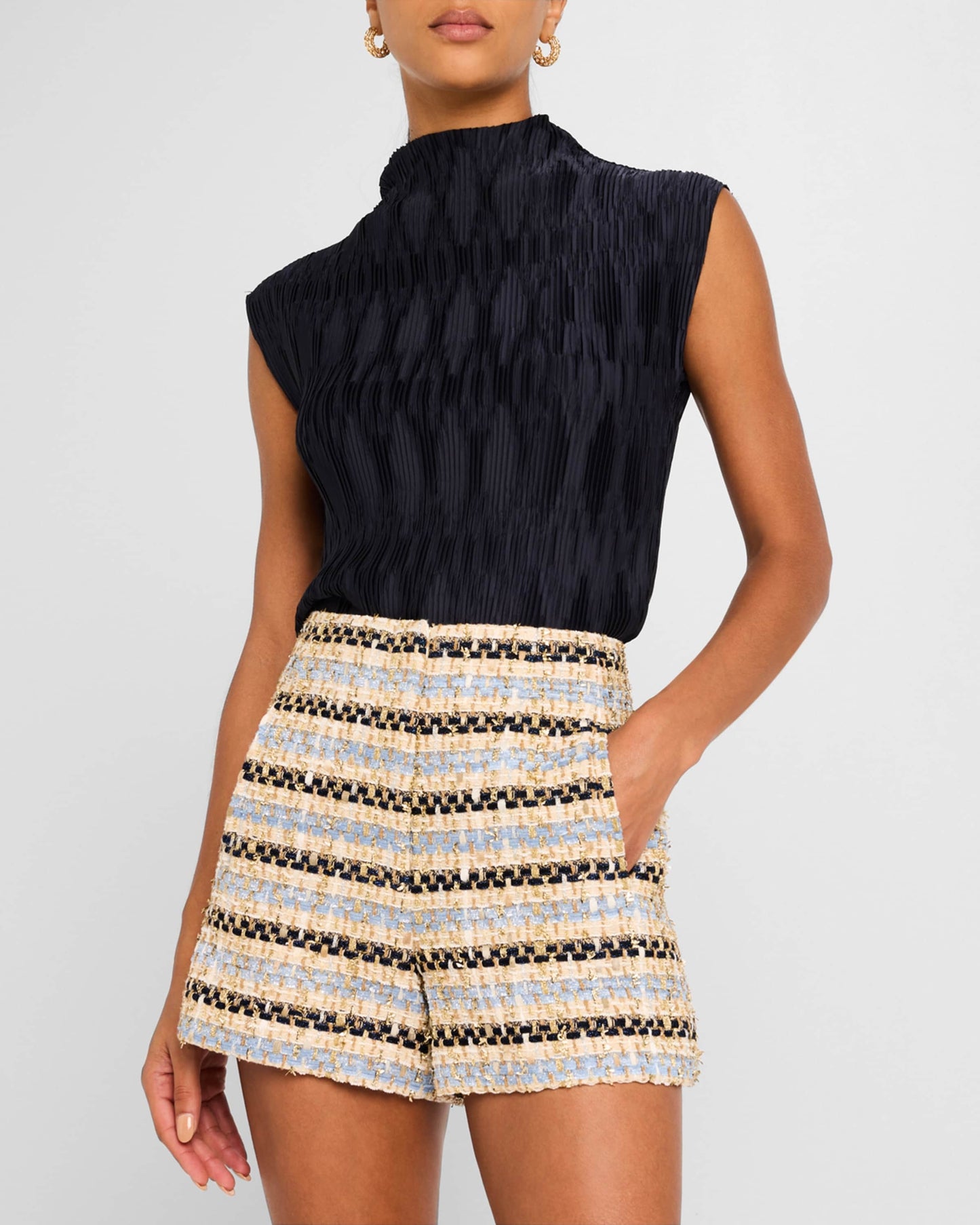VB Sumira Cotton Blend Jacket | Jazmin Shorts | Blue/Ivory Metallic Tweed Set