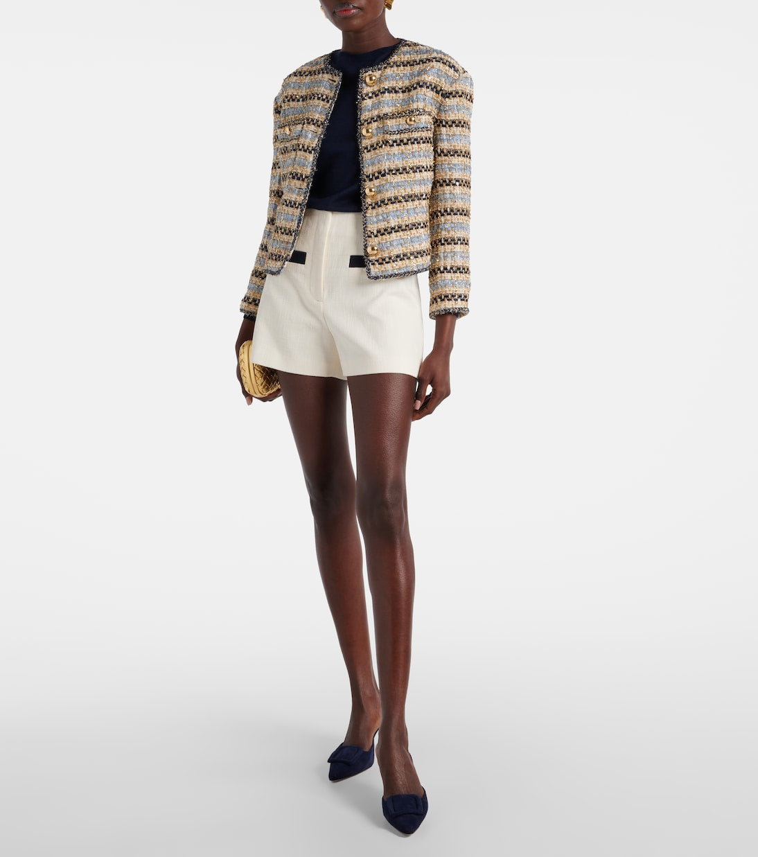 VB Sumira Cotton Blend Jacket | Jazmin Shorts | Blue/Ivory Metallic Tweed Set