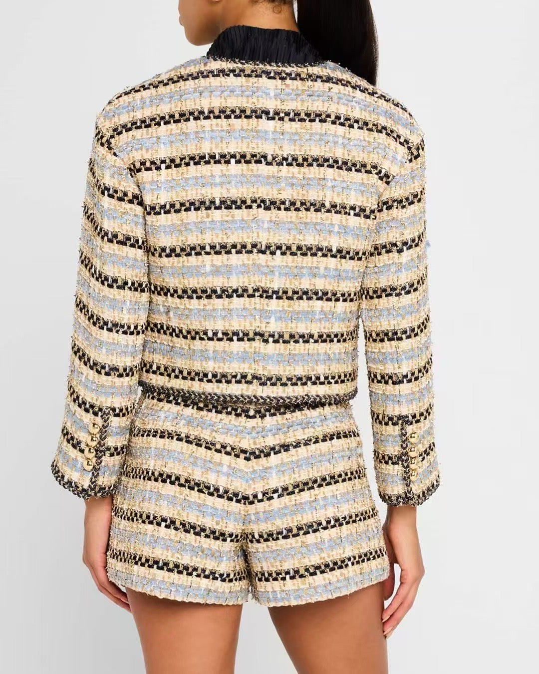 VB Sumira Cotton Blend Jacket | Jazmin Shorts | Blue/Ivory Metallic Tweed Set