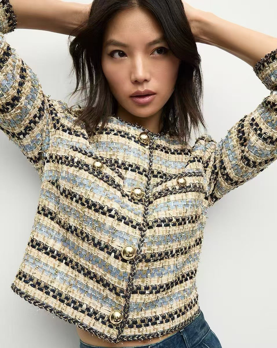 VB Sumira Cotton Blend Jacket | Jazmin Shorts | Blue/Ivory Metallic Tweed Set