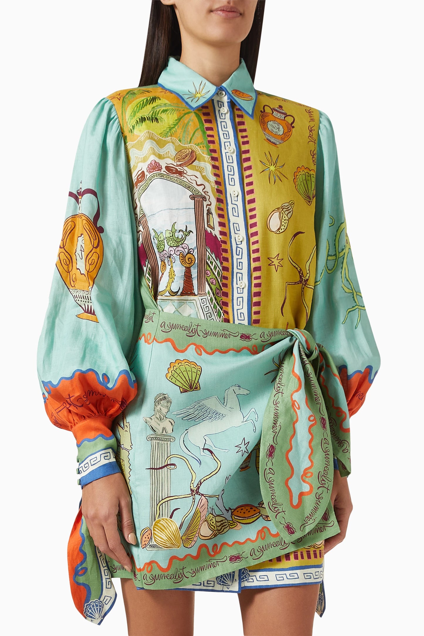 ALM Surrealist Summer Linen Shirtdress Mini Dress