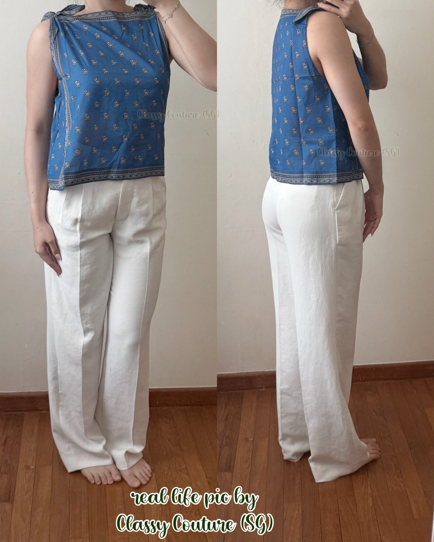 DN023 Blue Cotton Paisley Tie-Shoulder Top