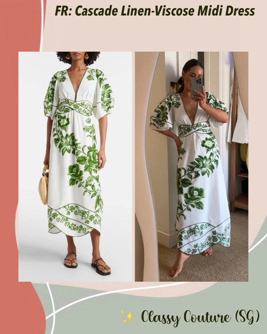 FR Green Floral Cascade Blue Yard Linen-Viscose Midi Dress