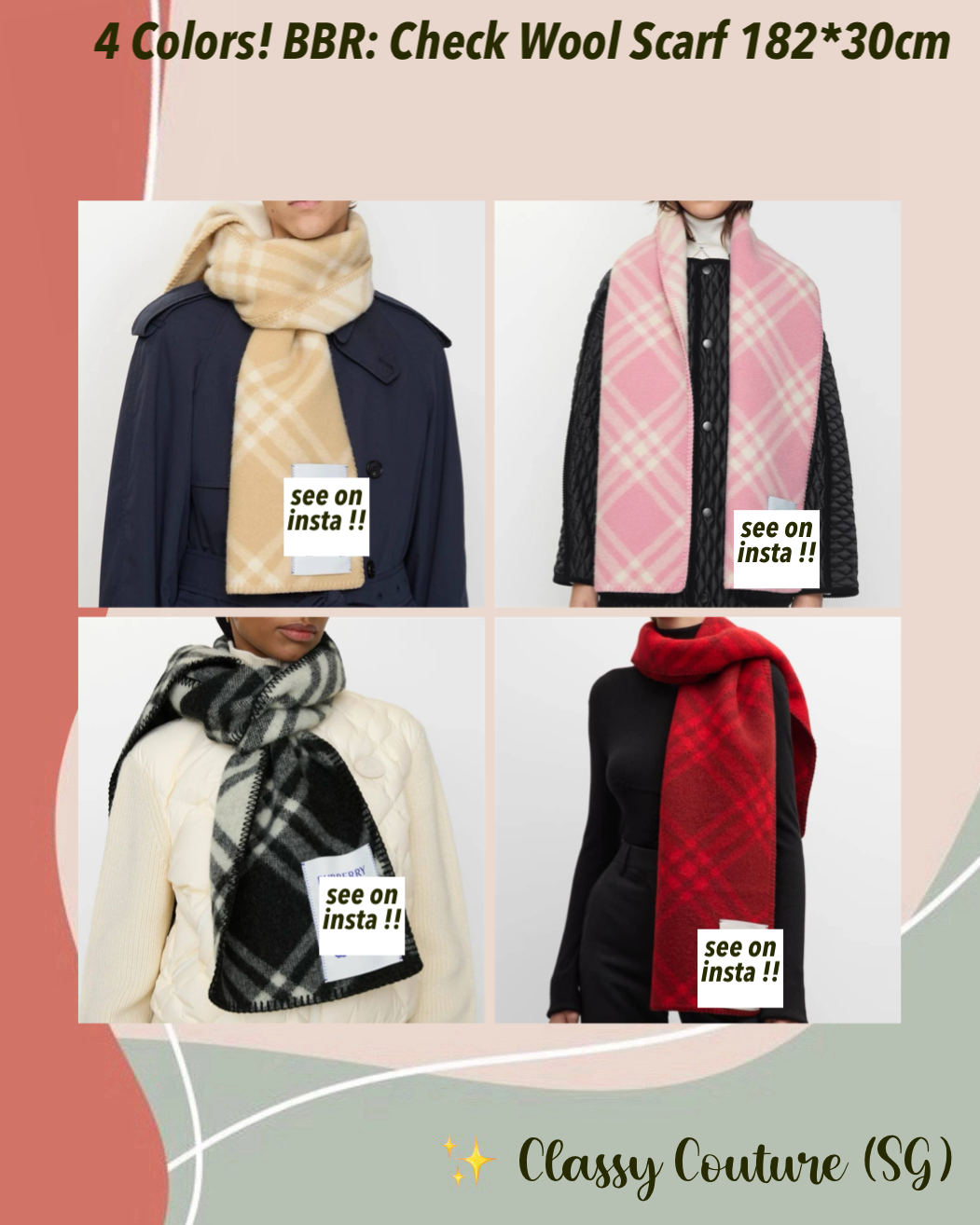 4 Colors! BBR Check Wool Scarf 182*30cm