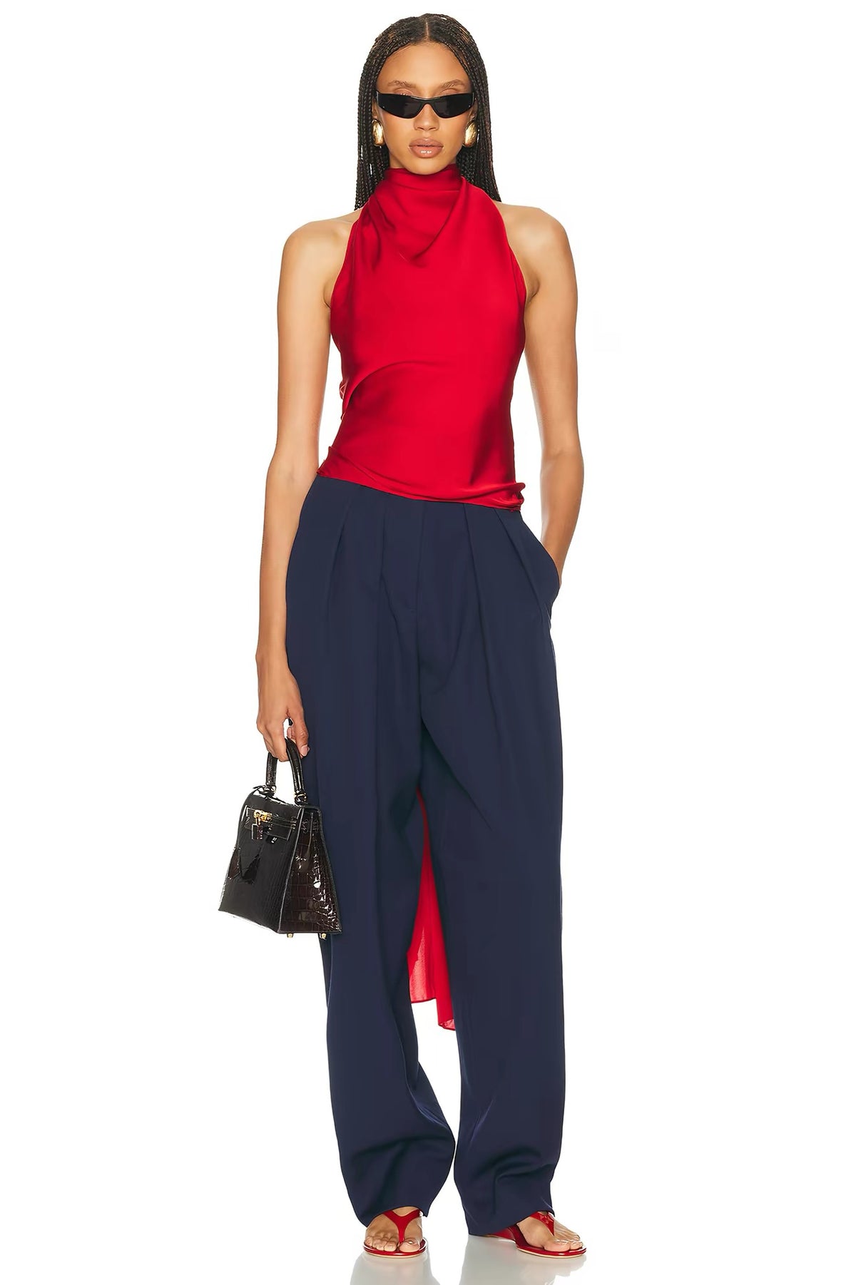 HS Natasha Silk-blend Halter Tie Top in Stormy Grey & Red