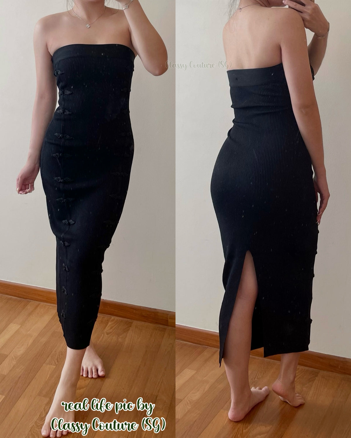Jennifer Strapless Bandeau Bodycon Knit Midi Dress in Black
