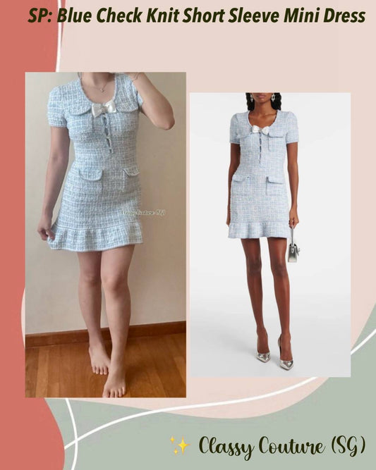 SP Blue Check Knit Short Sleeve Mini Dress
