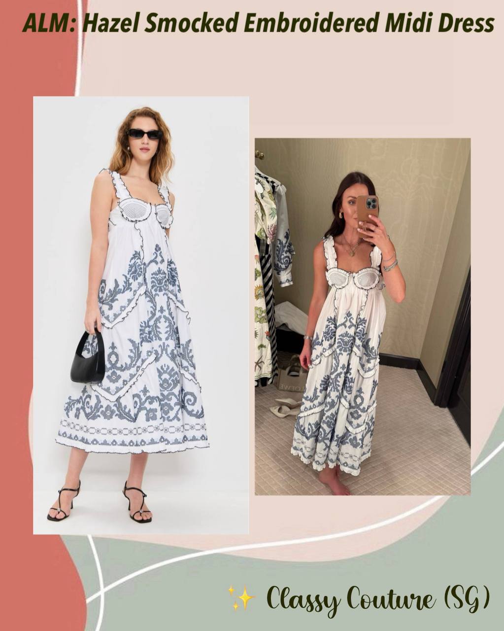 ALM Hazel Smocked Embroidered Sundress Midi Dress