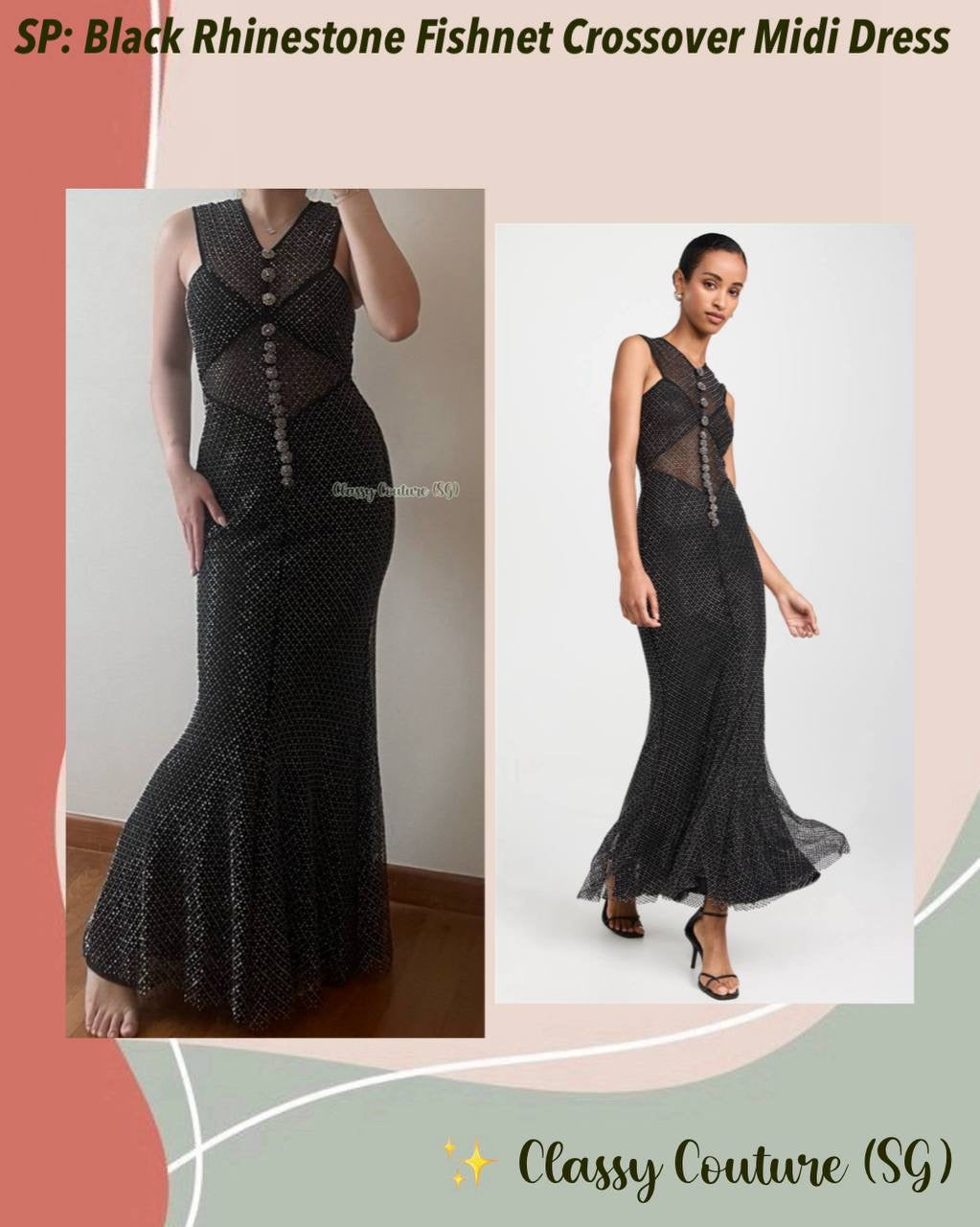SP Black Rhinestone Fishnet Crossover Midi Dress