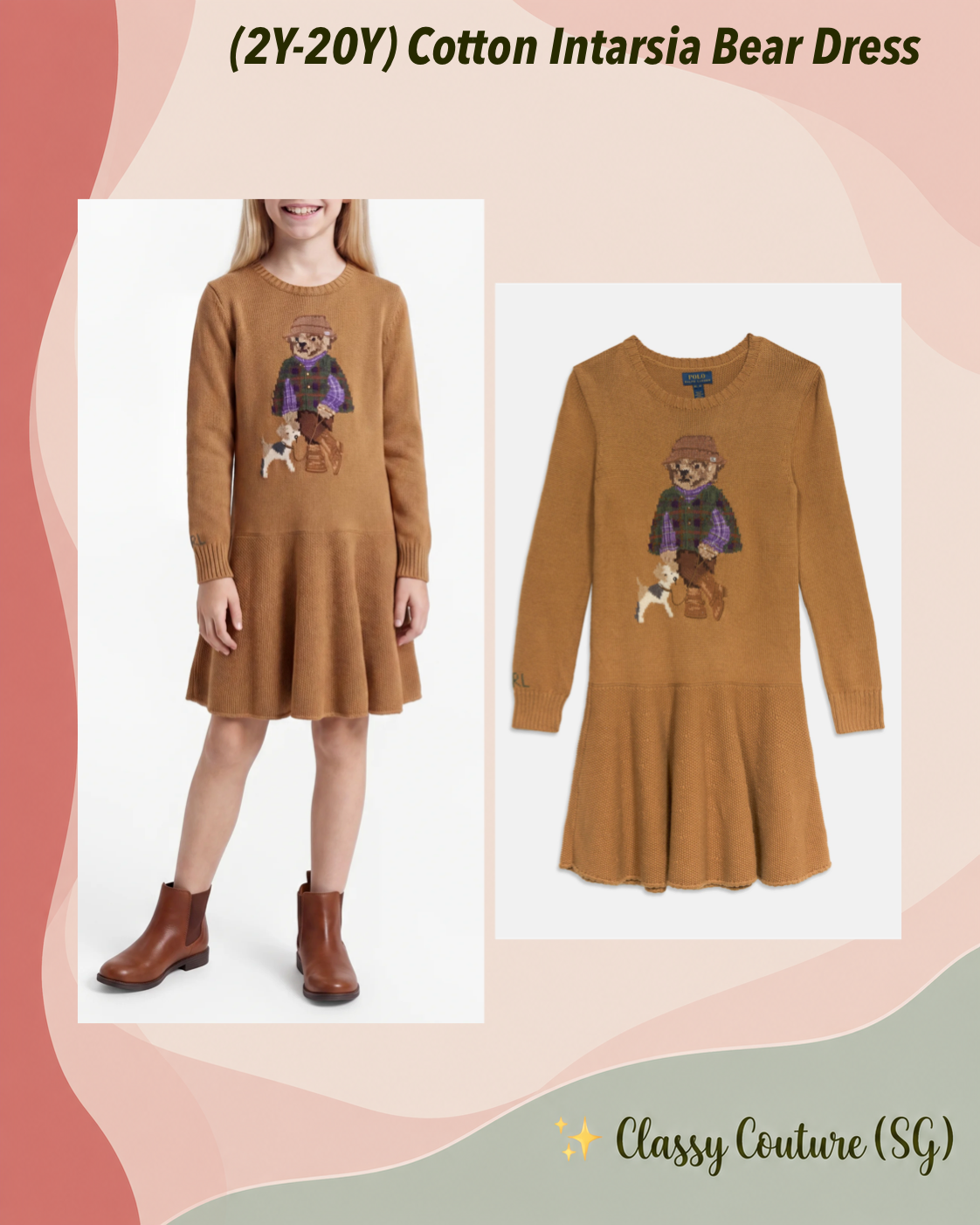 (2Y-20Y) Kid's/Women’s Cotton Intarsia Knit Bear & Dog Jumper Mini Dress