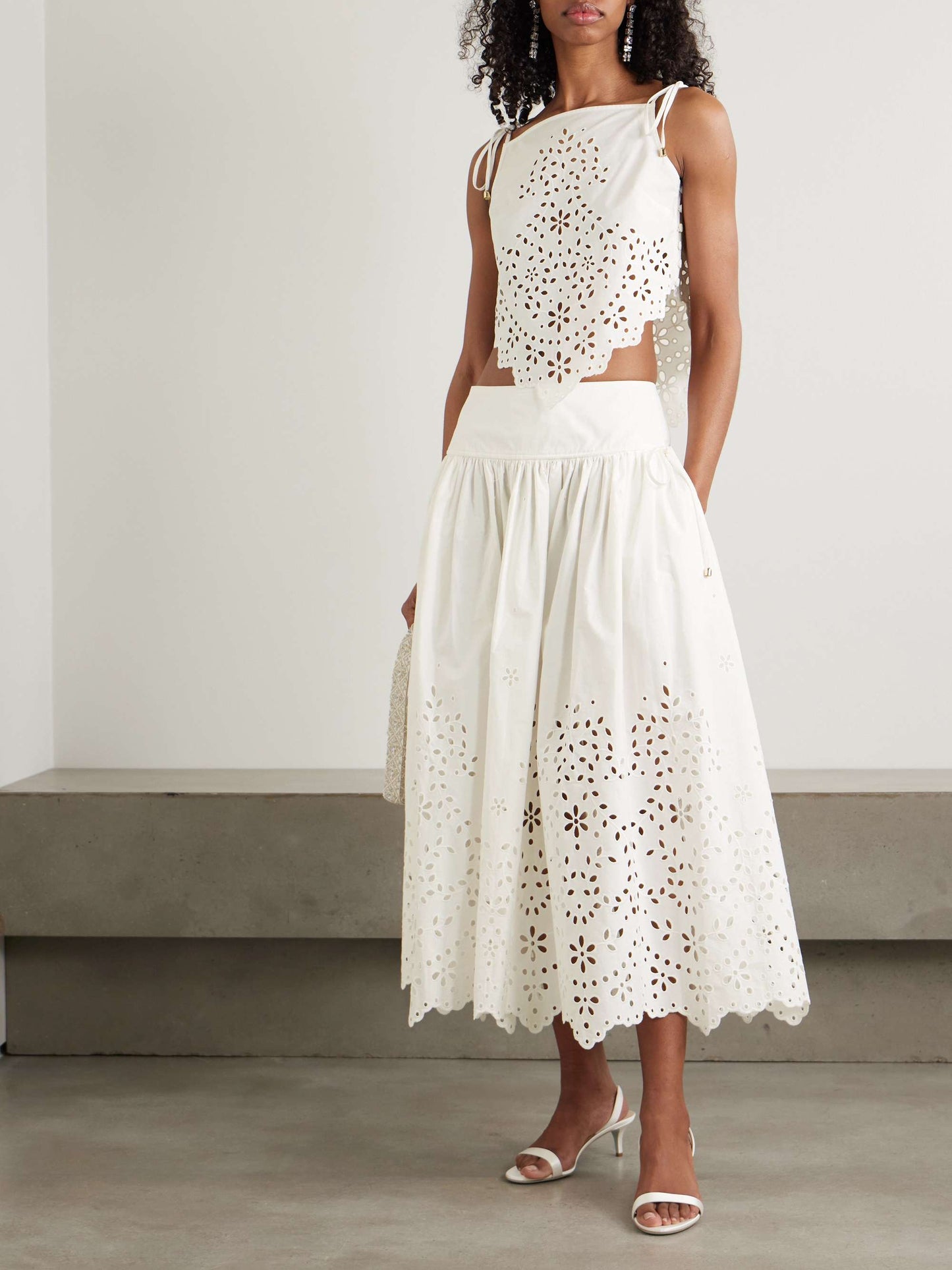 SP White Cotton Embroidered Cami Top | Midi Skirt | Set