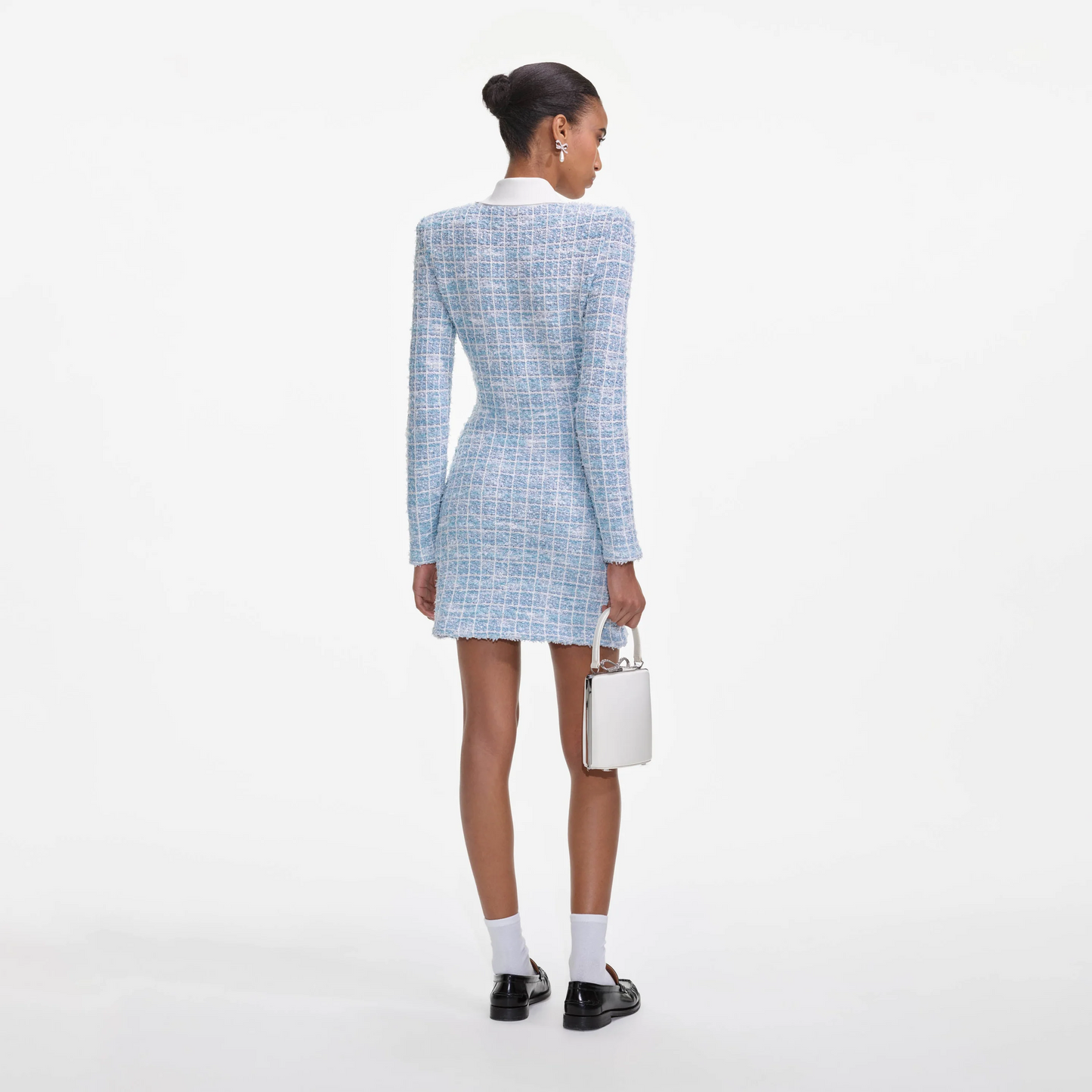 SP Blue Check Knit Long Sleeve Mini Dress - Collared and No Collar