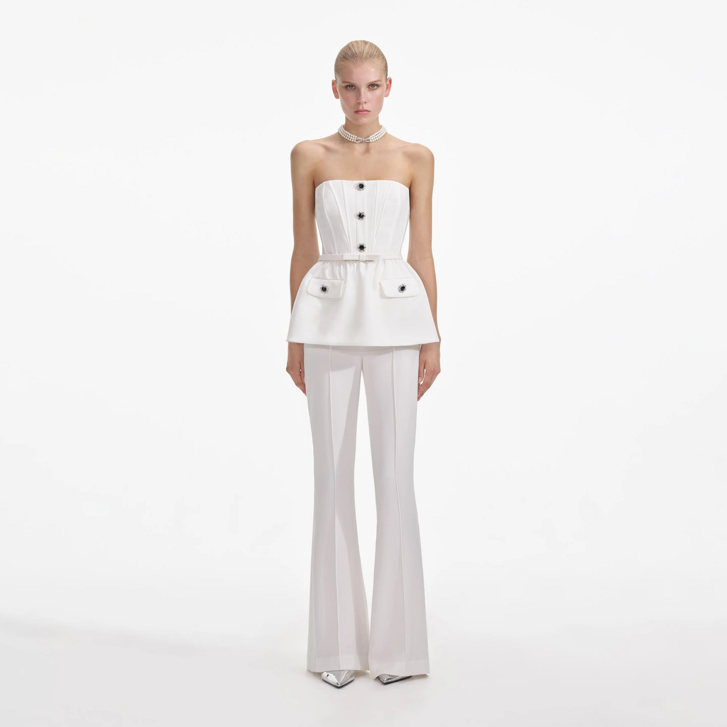 SP Black & White Stretch Crepe Peplum Bandeau Jumpsuit