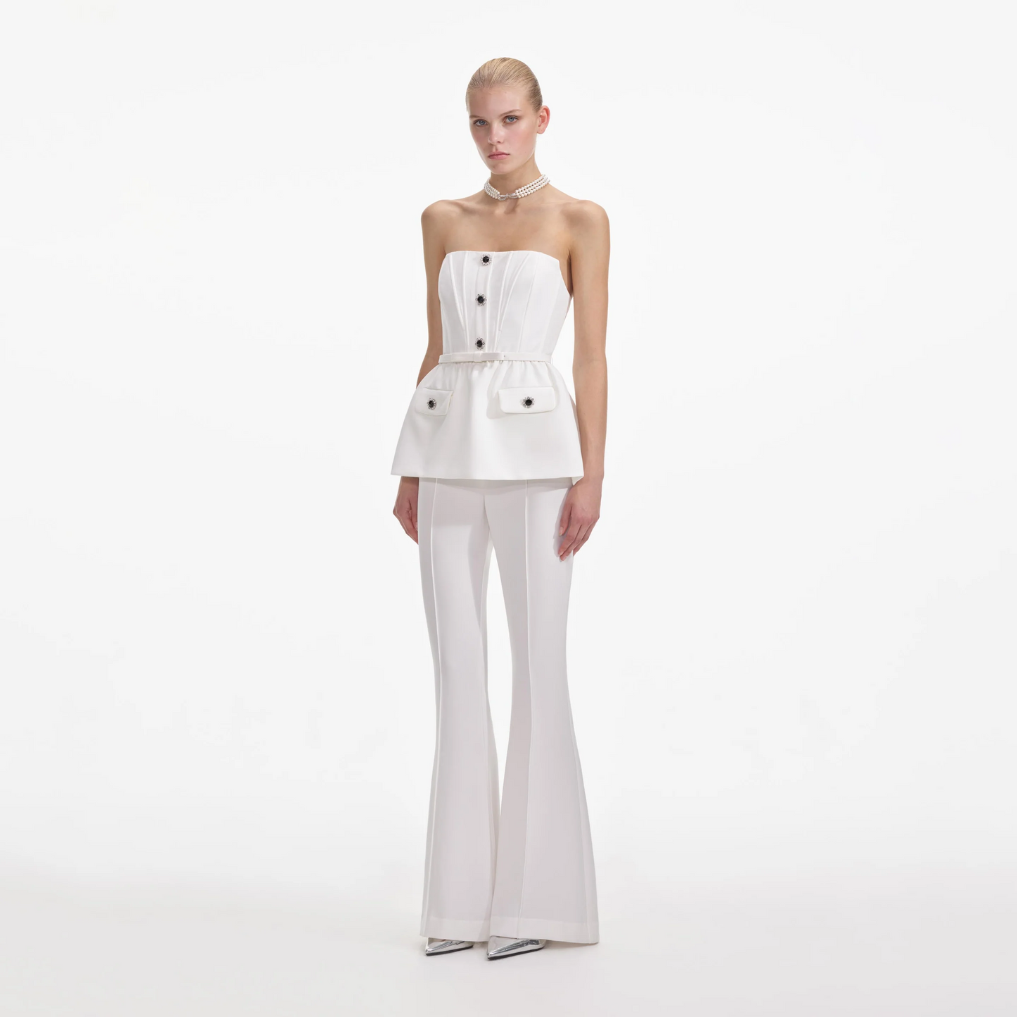 SP Black & White Stretch Crepe Peplum Bandeau Jumpsuit